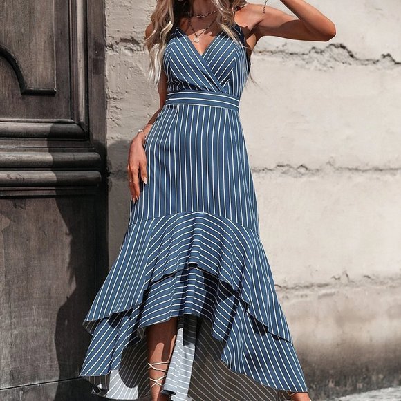 Blue Striped Boho Womens Ruffle Hem Tie Backless Cami Dress - Picture 4 of 5